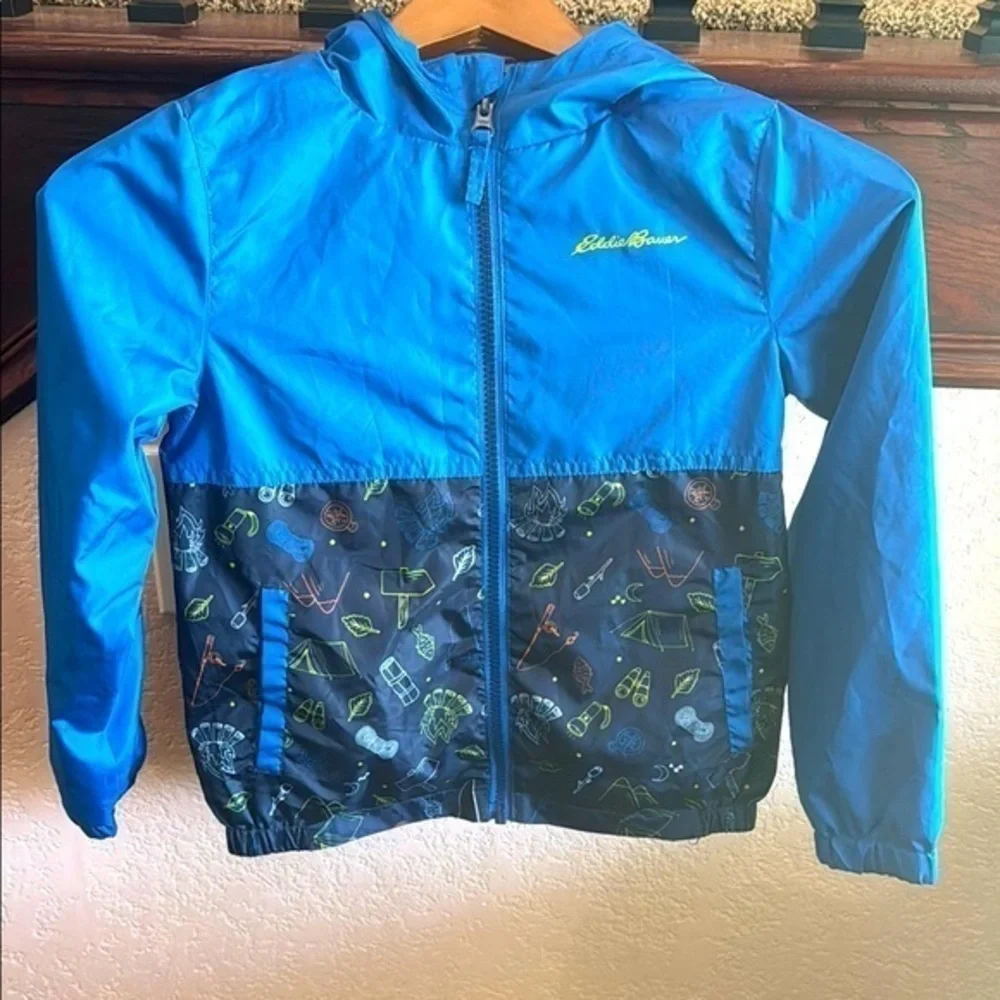 Eddie Bauer Vibrant Blue Kids' Jacket with Camping Fishing Patterned Accents